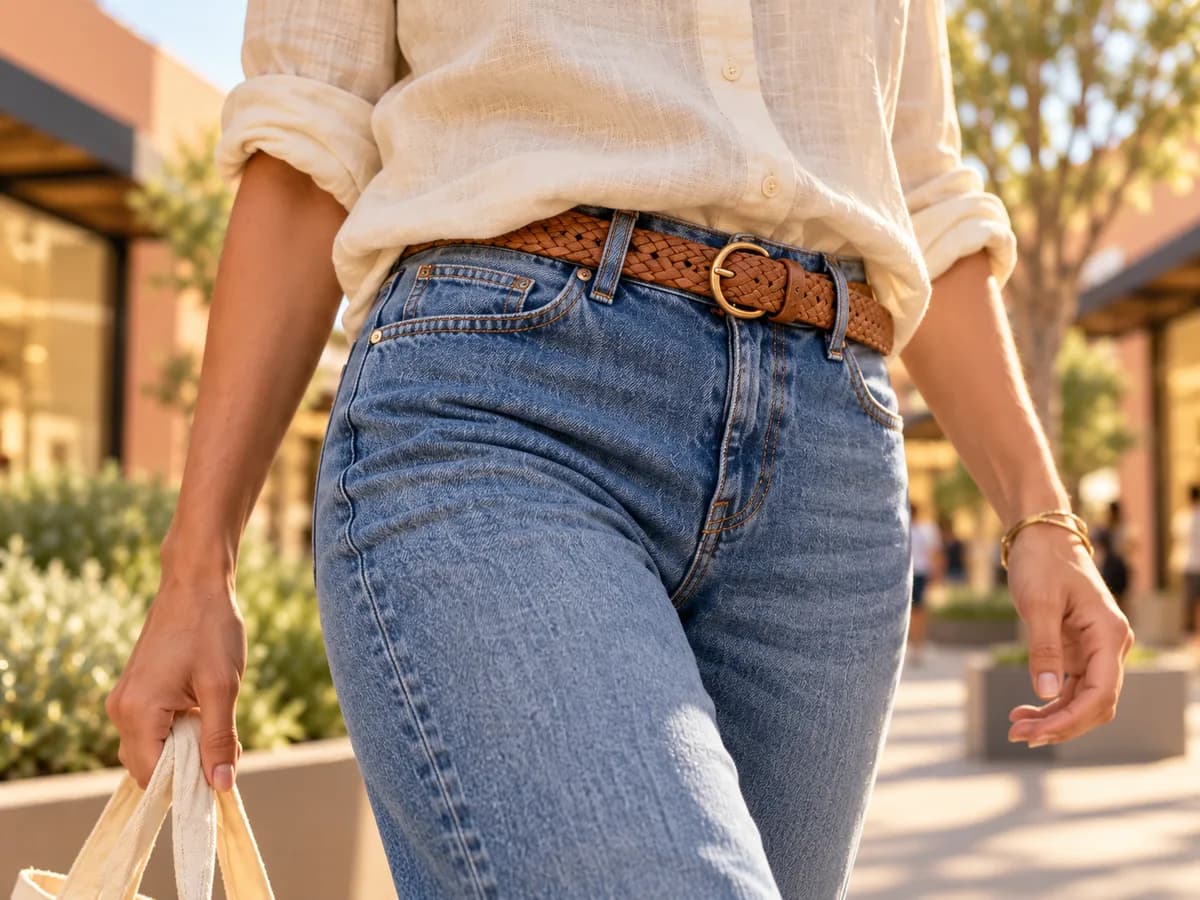 Cena editorial de camisa de linho e jeans em um passeio ao ar livre