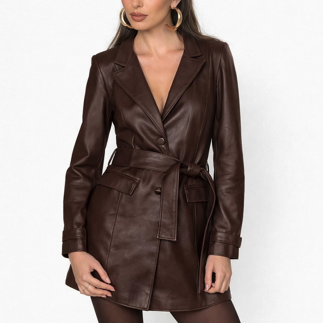Blazer Alongado Couro Faixa Amarração