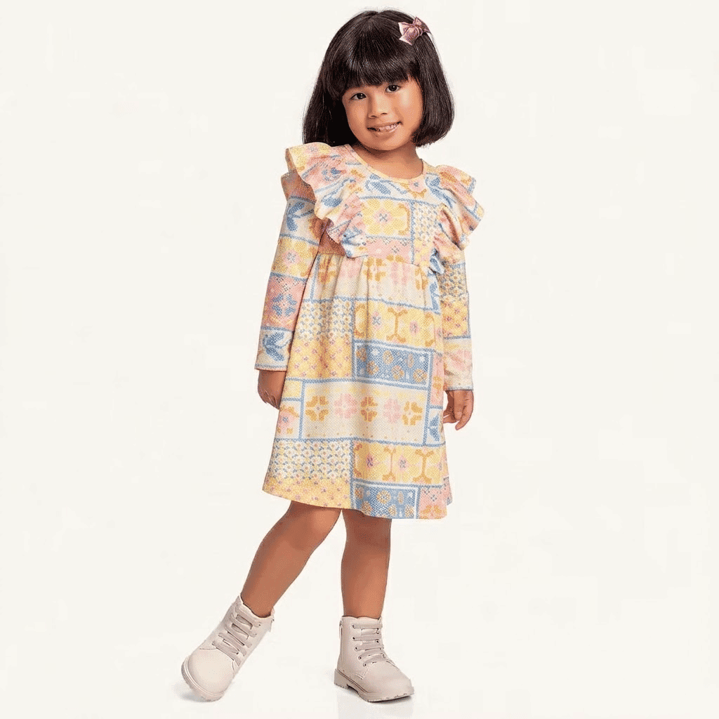 Vestido manga longa em meia malha floral
