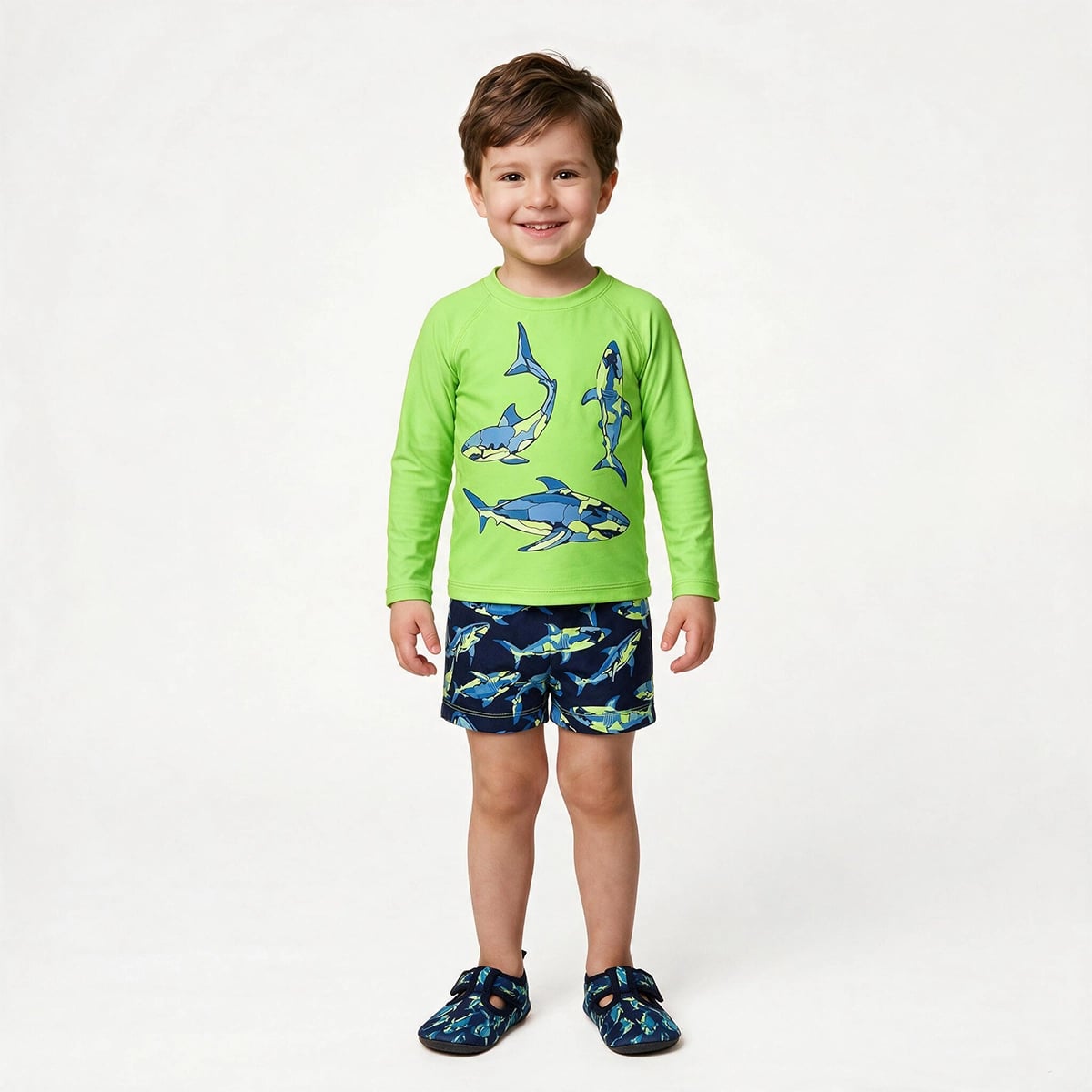 Kit Praia 3 Peças Toddler Tubarão Camuflado lycra Proteção Uv 50+ Tip Top