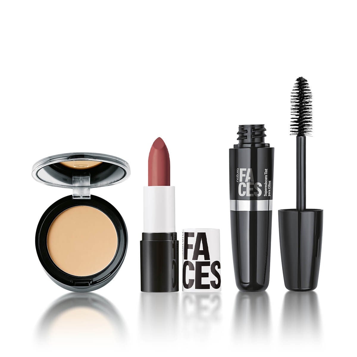 Kit Faces Pó Compacto, Batom Matte e Máscara de Cílios Tint