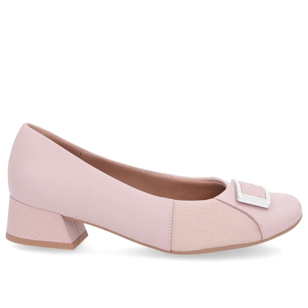 Scarpin Rosa Salto Bloco Couro Lateral Tecido — imagem 1