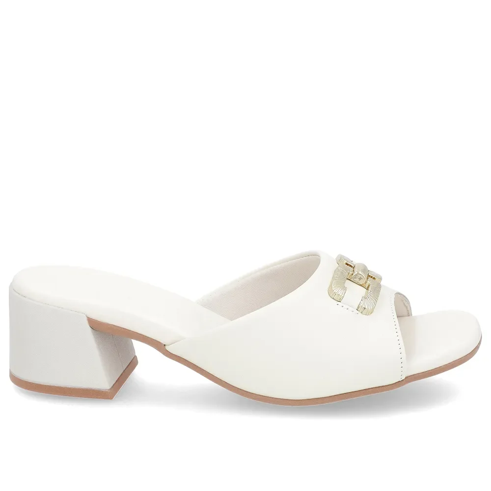 Tamanco Salto Bloco Couro Off-White Enfeite — imagem 1
