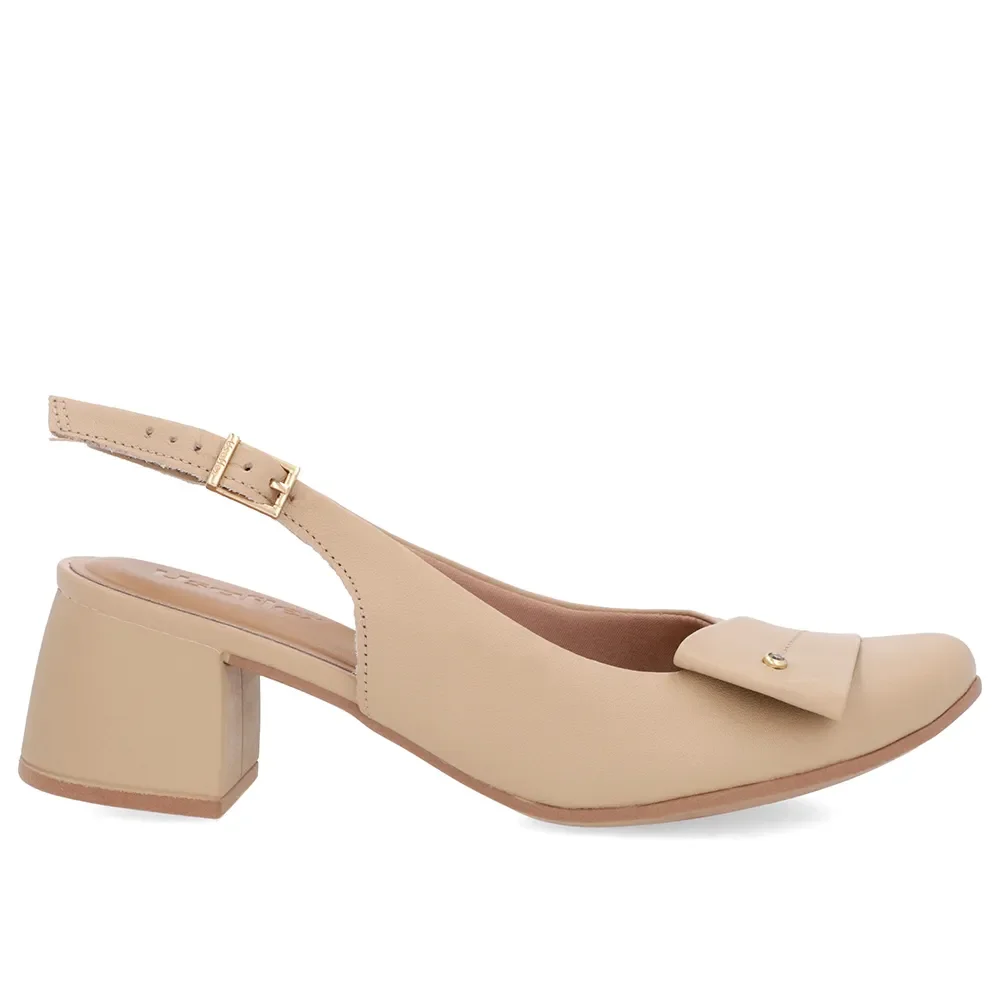 Slingback Bege Salto Bloco Couro Enfeite — imagem 1