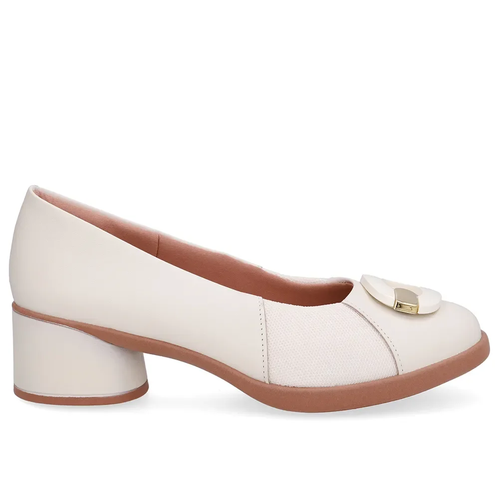 Scarpin Branco Marfim Couro Lateral Tecido Enfeite — imagem 1