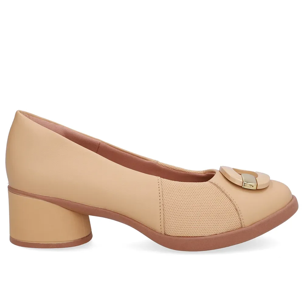 Scarpin Bege Creme Couro Lateral Tecido Enfeite — imagem 1