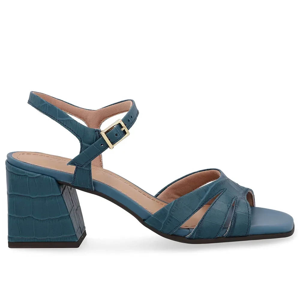 Sandália Salto Bloco Couro Croco Azul — imagem 1