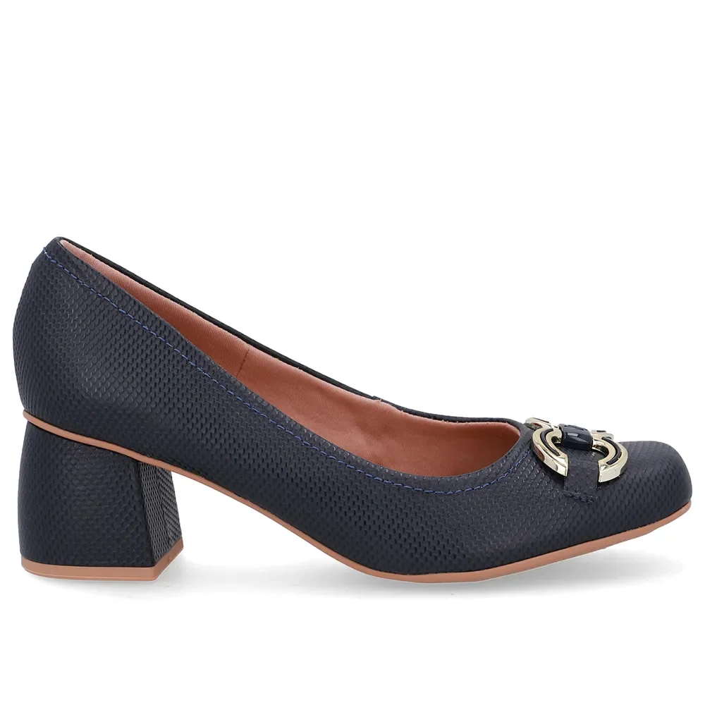 Scarpin Azul Bico Quadrado Couro Enfeite — imagem 1