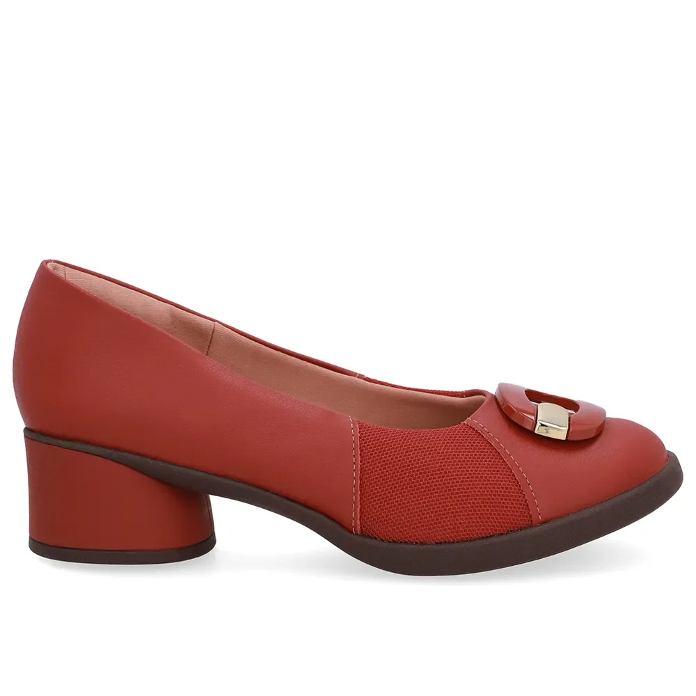 Scarpin Marrom Couro Lateral Tecido Enfeite — imagem 1
