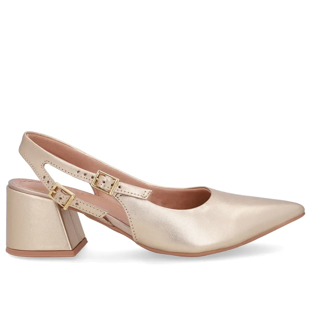 Slingback Dourado Salto Bloco Couro Tira Dupla Lateral — imagem 1