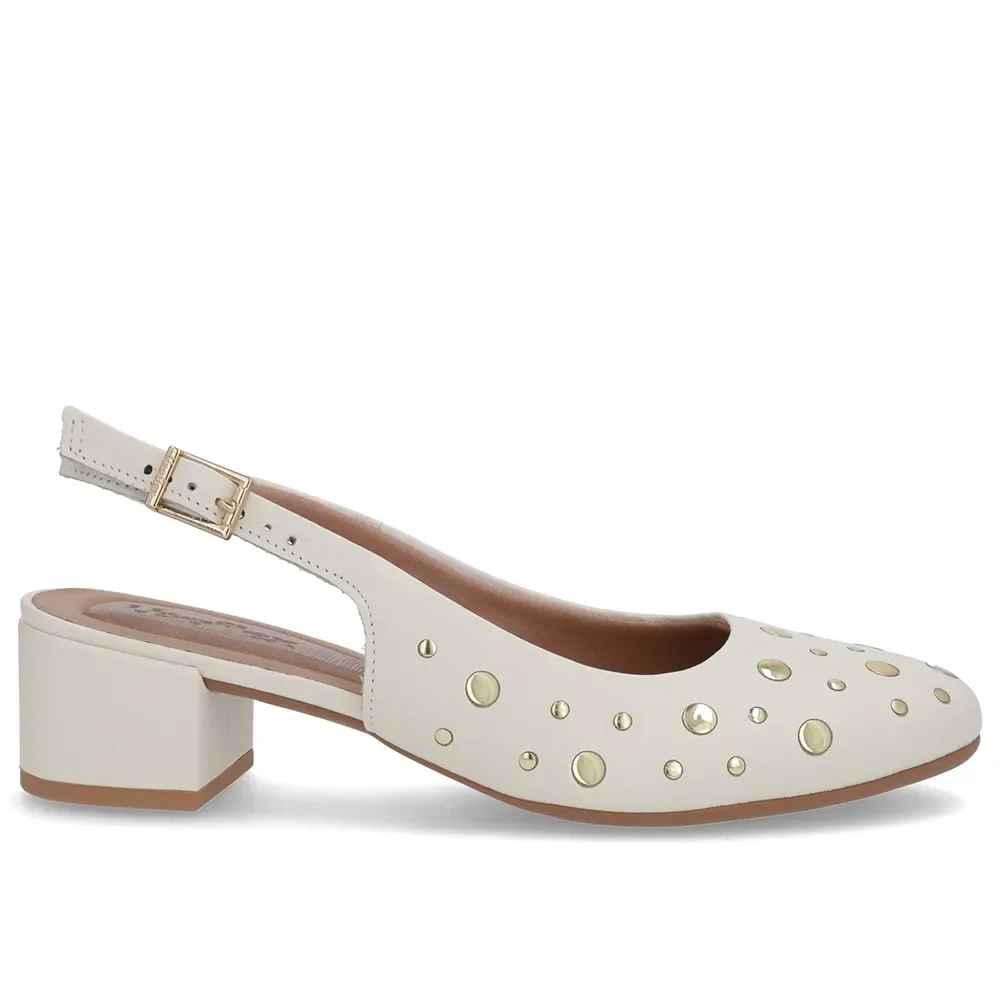 Slingback Branco Marfim Bico Redondo Couro Laser Tachas — imagem 1