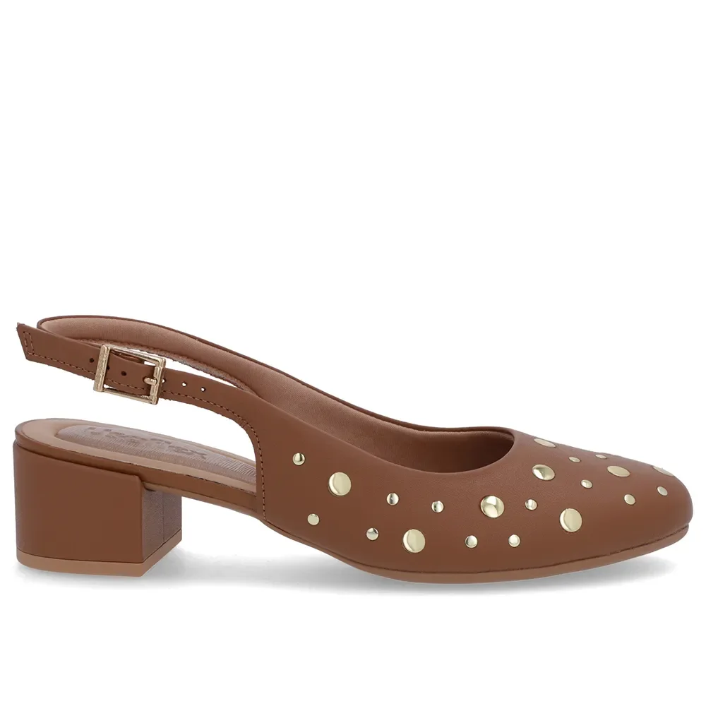 Slingback Marrom Bico Redondo Couro Laser Tachas — imagem 1