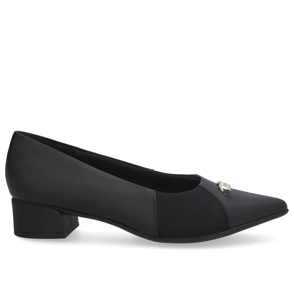 Scarpin Preto Salto Bloco Couro Lateral Tecido — imagem 1
