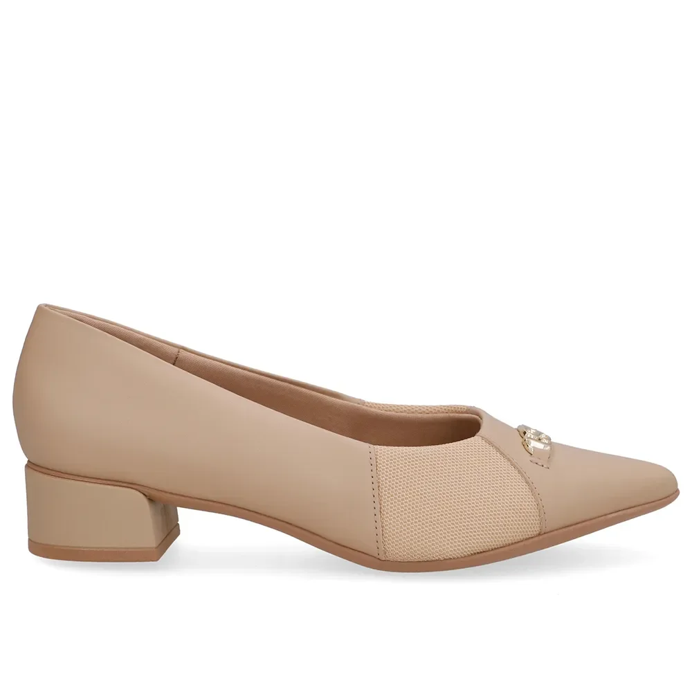 Scarpin Bege Salto Bloco Couro Lateral Tecido — imagem 1