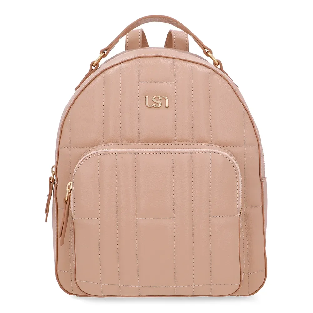 Mochila Couro Bege Matelassê Bolsa Frontal — imagem 1