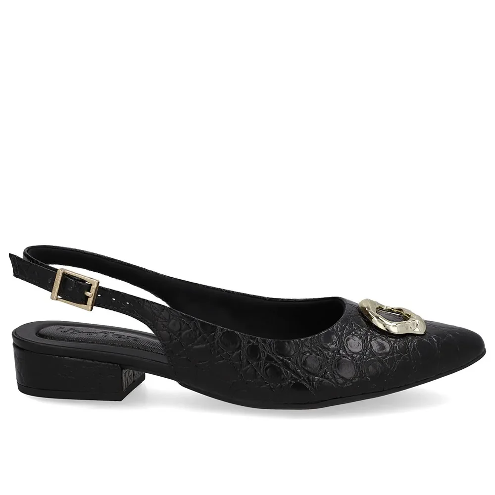 Slingback Preto Couro Croco Enfeite — imagem 1