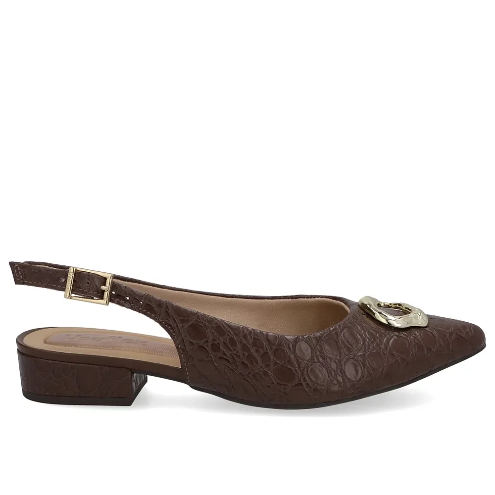 Slingback Marrom Pinhão Couro Croco Enfeite — imagem 1