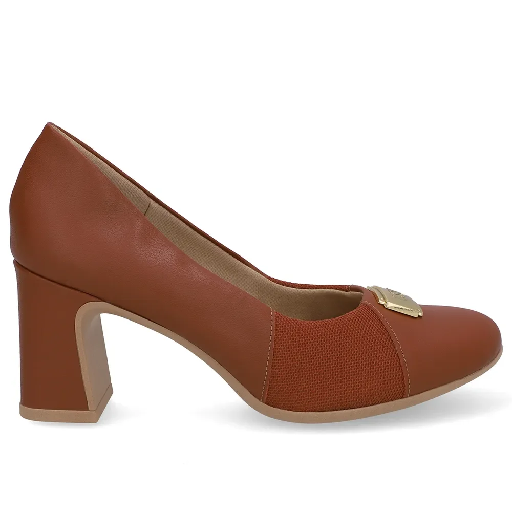 Scarpin Couro Marrom Lateral Tecido — imagem 1