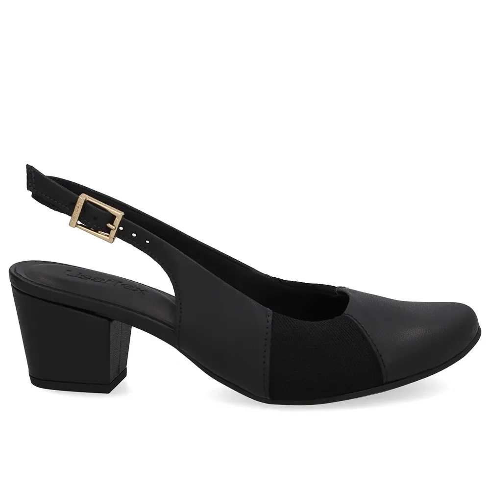 Slingback Couro Preto Salto Bloco Lateral Tecido — imagem 1