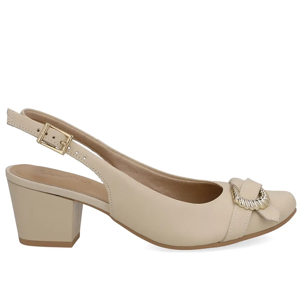 Slingback Couro Bege Salto Bloco Enfeite — imagem 1