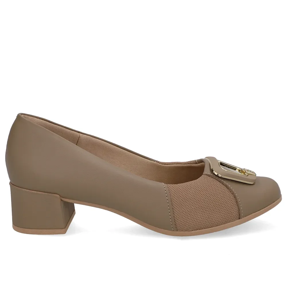Scarpin Couro Marrom Bico Quadrado Tecido — imagem 1