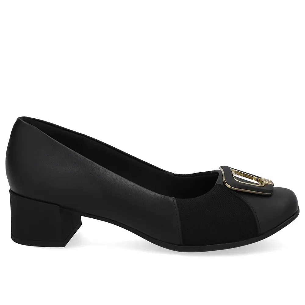 Scarpin Couro Preto Bico Quadrado Tecido — imagem 1