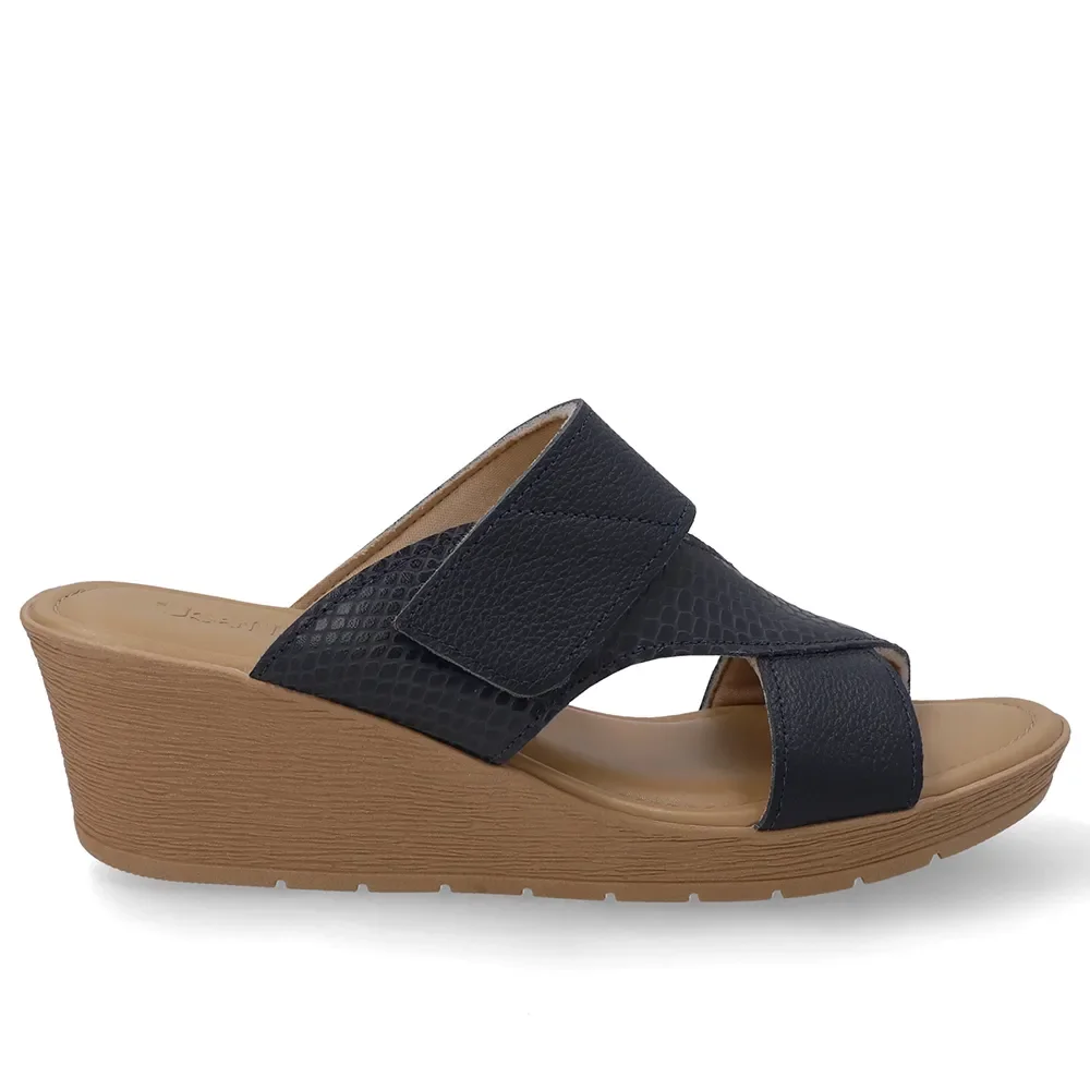 Tamanco Anabela Couro Azul Ajuste Fecho-Flex — imagem 1