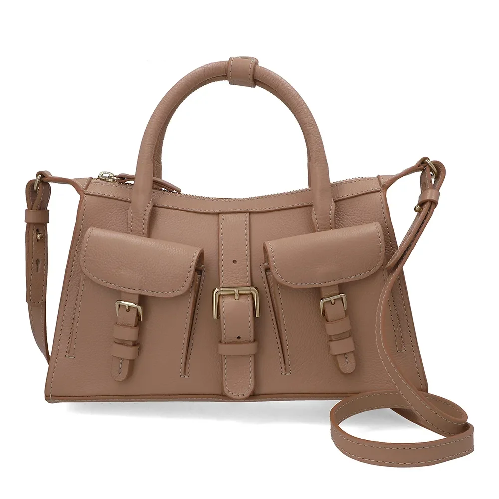 Bolsa Tote Em Couro Bege Com Zíper e Bolsos Frontais — imagem 1