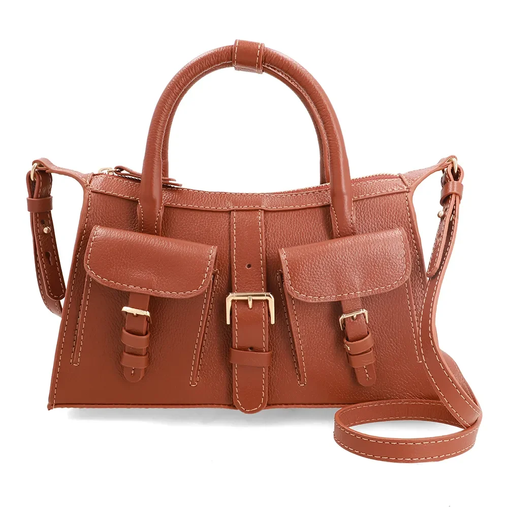 Bolsa Tote Em Couro Marrom Com Zíper e Bolsos Frontais — imagem 1