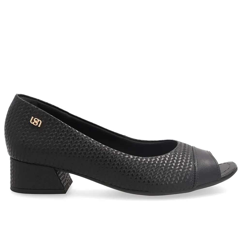Peep Toe Em Couro Preto Texturizado Com Salto Bloco — imagem 1