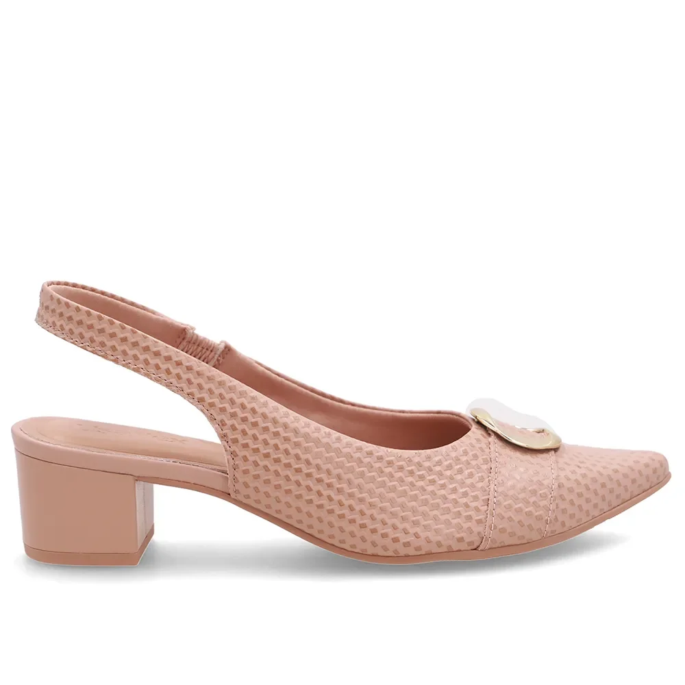Slingback Couro Bege Salto Bloco Com Textura Tressê — imagem 1