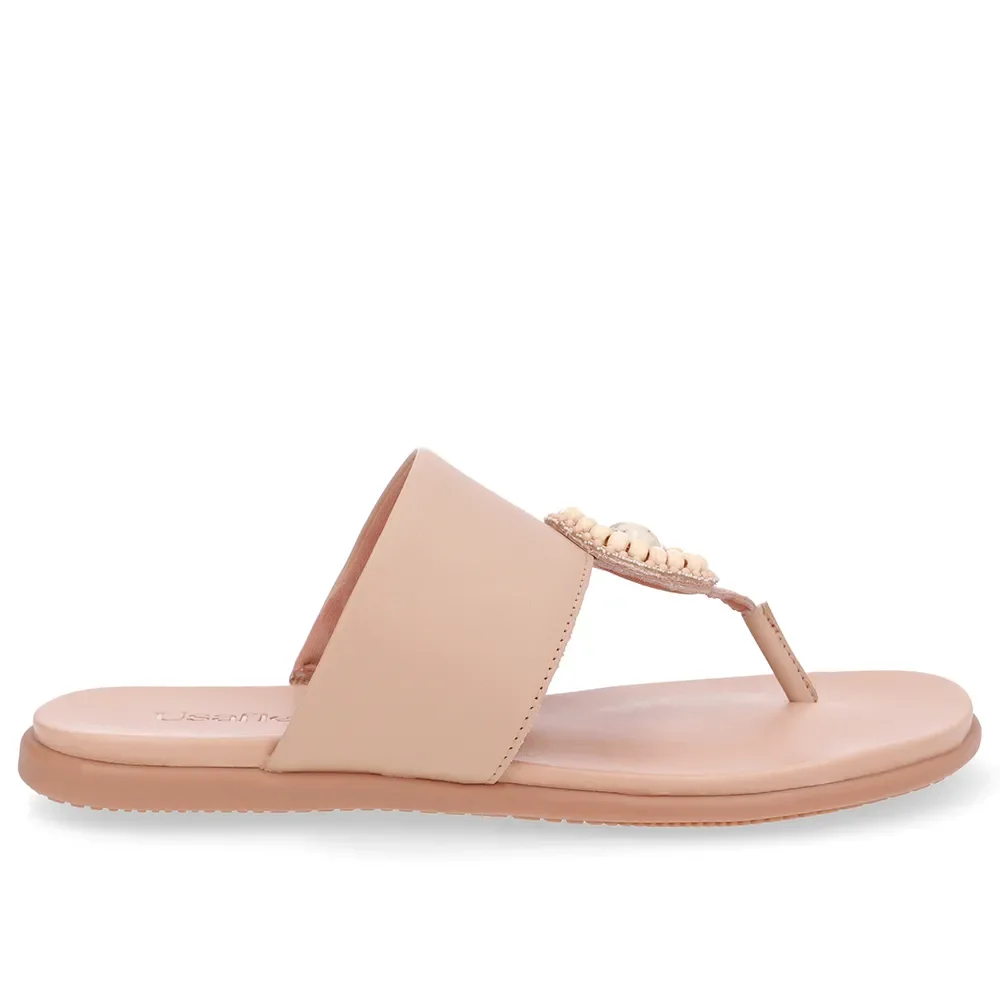 Chinelo Tira Couro Bege Enfeite — imagem 1