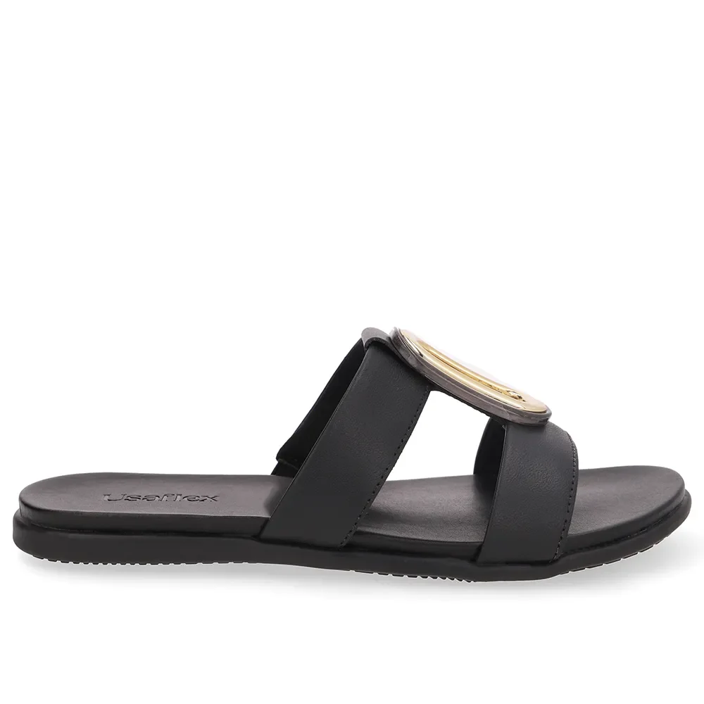 Slide Bico Redondo Couro Preto Enfeite — imagem 1
