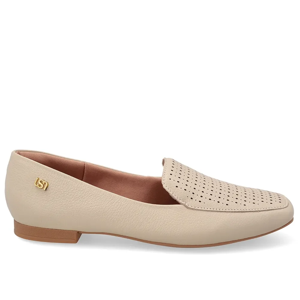 Loafer Em Couro Bege Bico Quadrado Com Laser — imagem 1