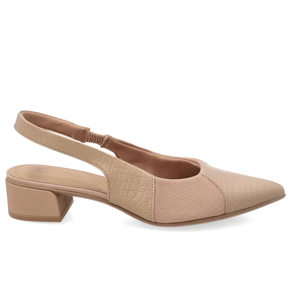 Slingback Em Couro Mini Croco Bege Com Tecido — imagem 1
