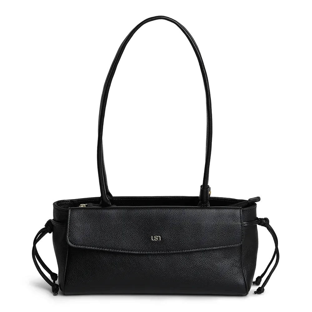 Bolsa Baguete Preta Em Couro Com Bolso Frontal — imagem 1