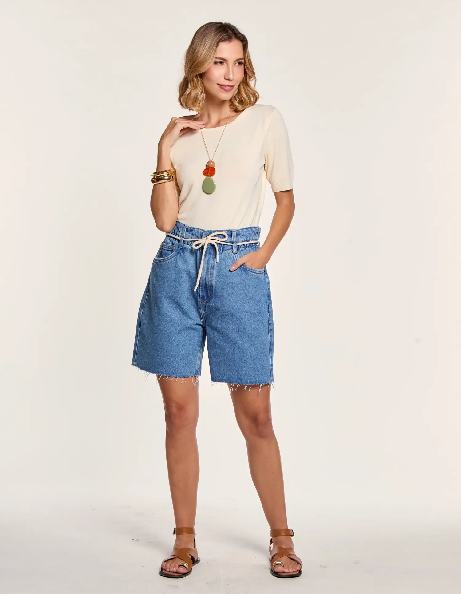 Bermuda Jeans Cós Elástico - Denim Medio — imagem 1