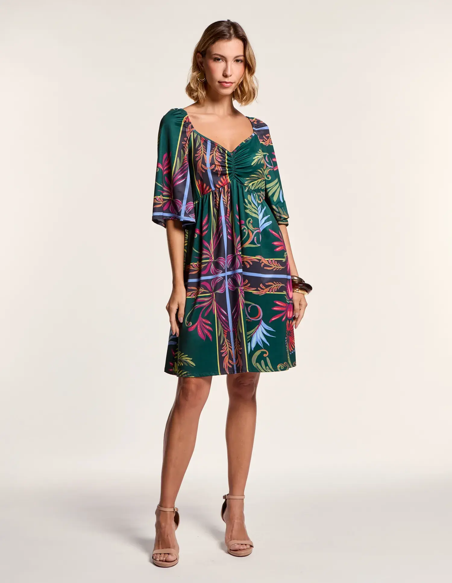 Vestido Busto Nó Estampado Jardim Floral - Verde Garrafa