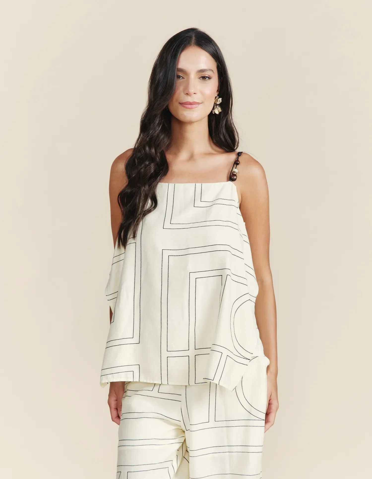 Regata Com Resina Estampada Listras - Off White — imagem 1