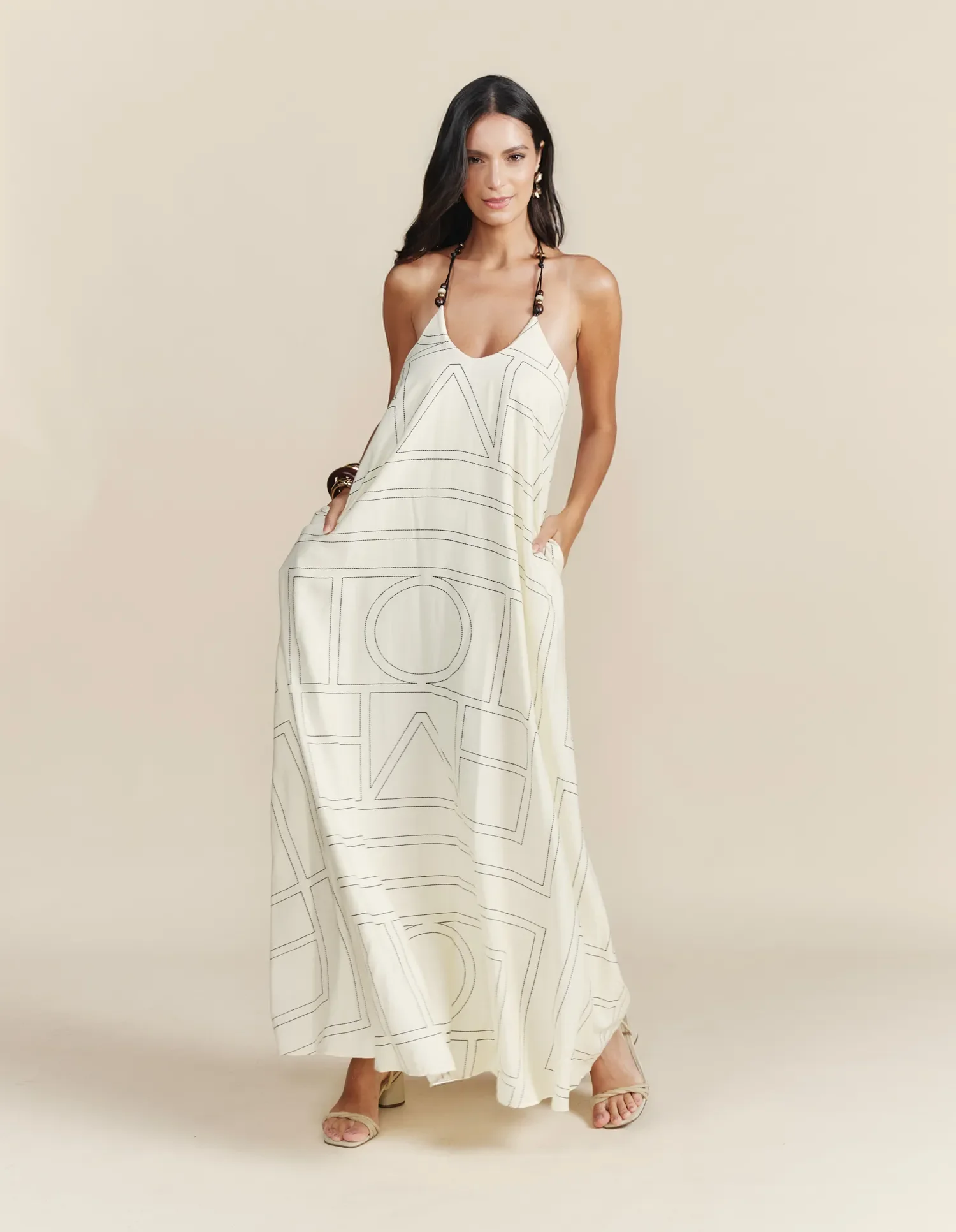 Vestido Longo Resina Estampado Listras - Off White — imagem 1