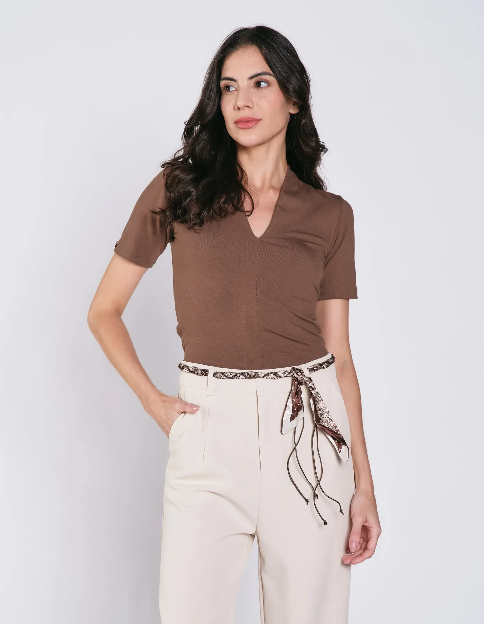 Blusa Manga Curta Decote v - Caramelo — imagem 1