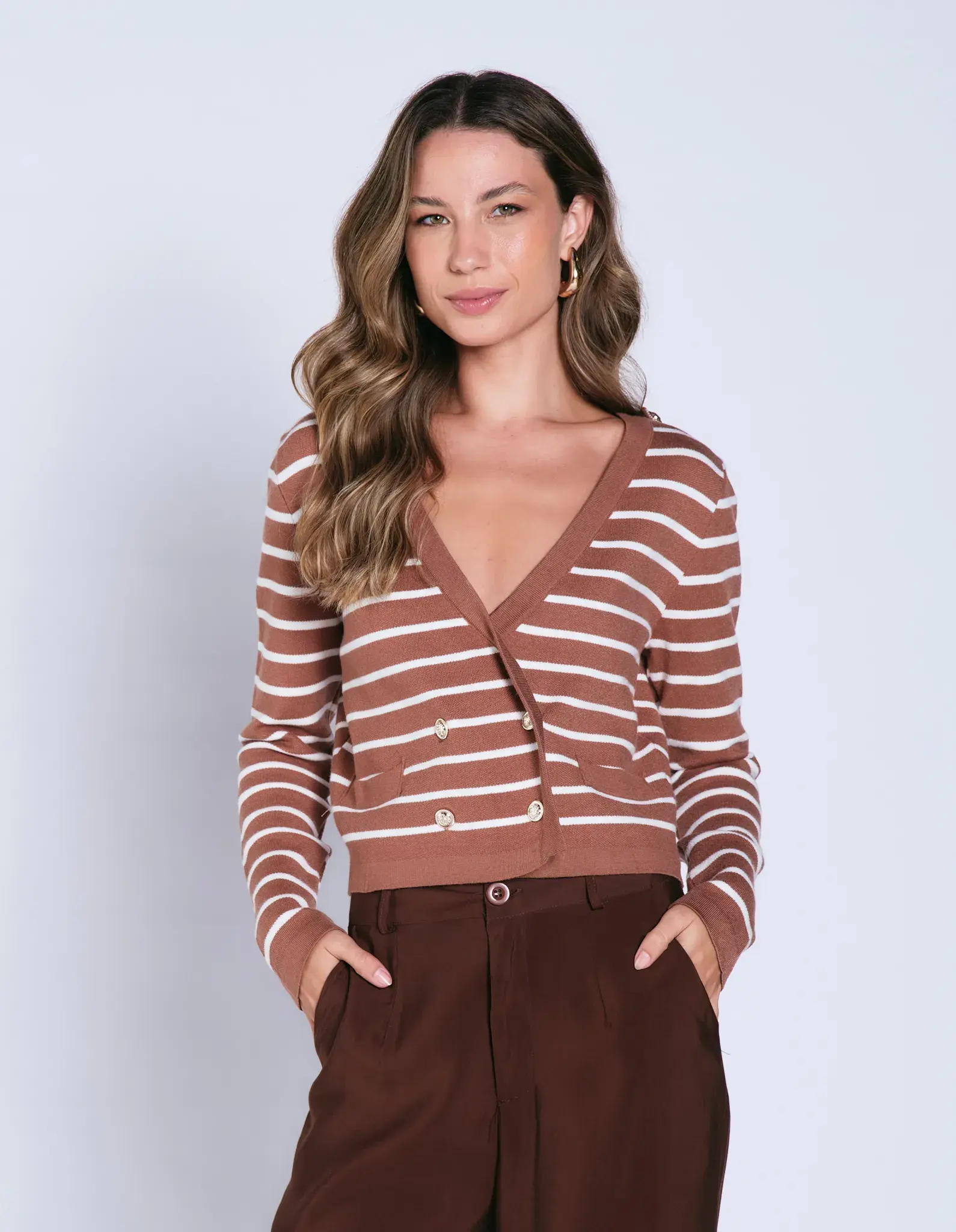 Cardigan Listras Transpassado - Marrom