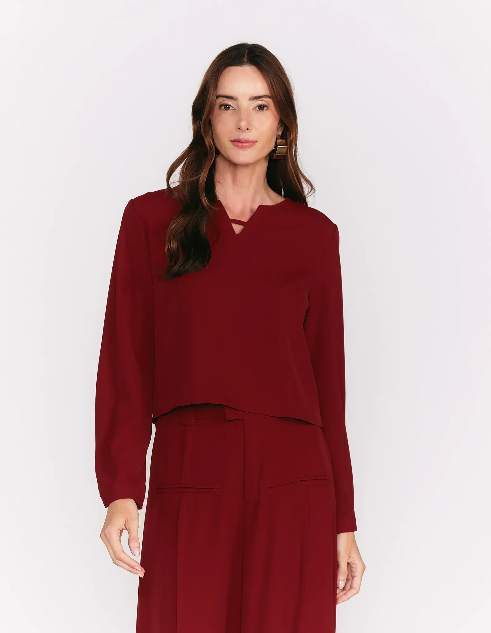 Blusa Manga Longa Decote v - Vinho — imagem 1