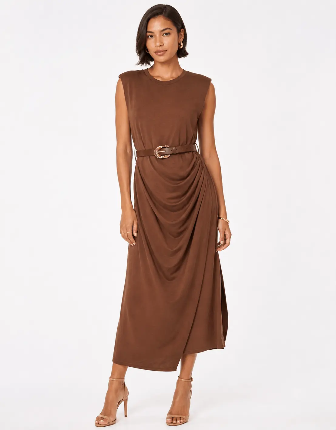 Vestido New Longo Drapeado Com Cinto - Marrom