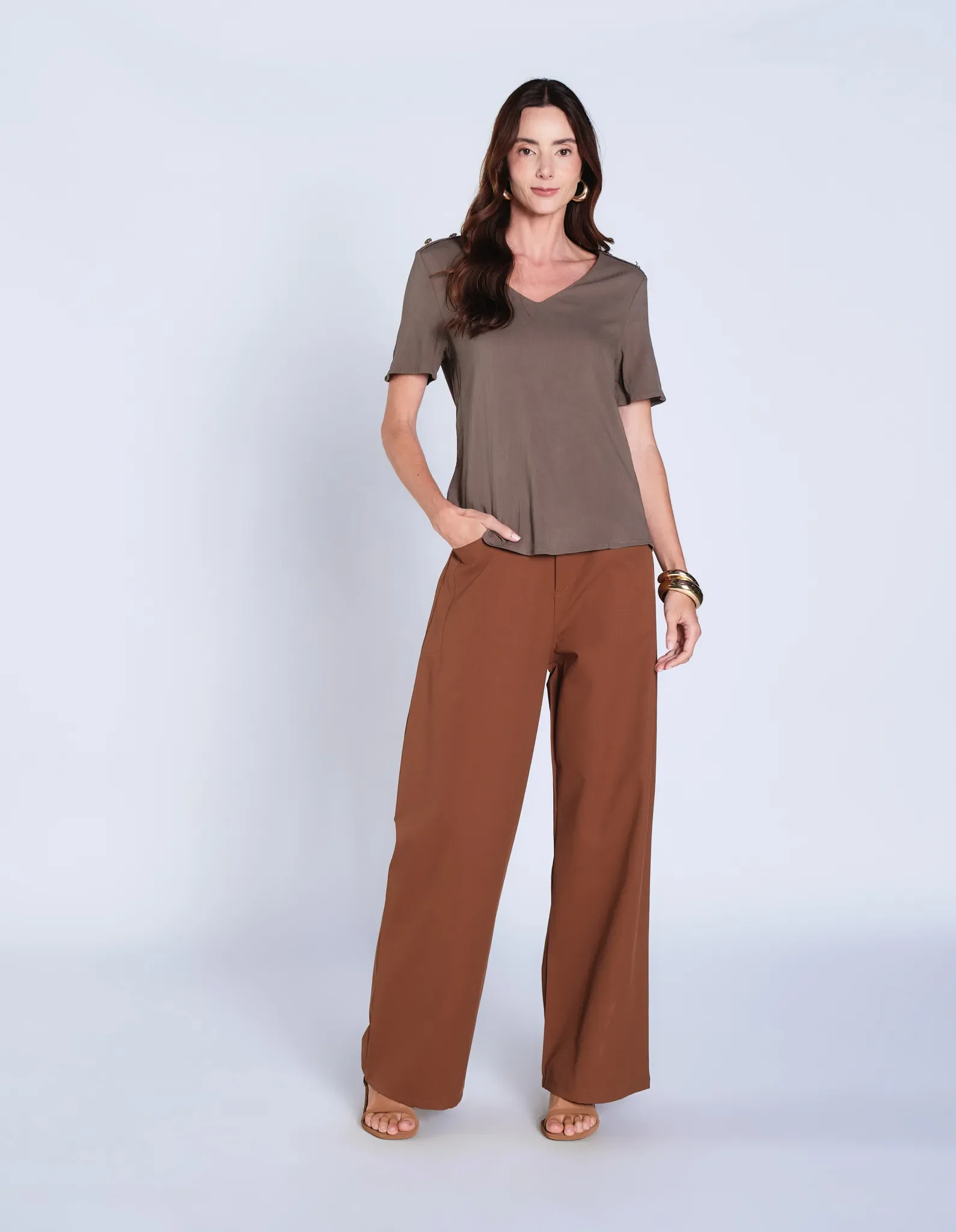 Calça Pantalona Com Bolsos - Caramelo — imagem 1