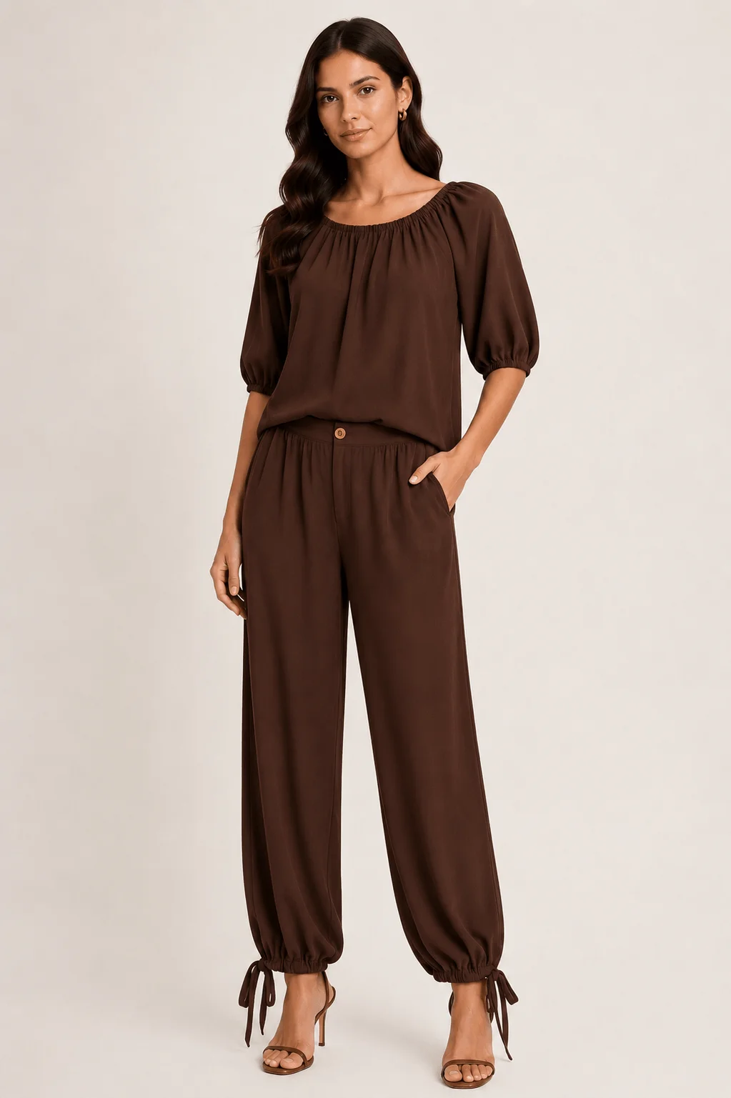 Blusa Ombro a Ombro Elástico - Marrom — imagem 1