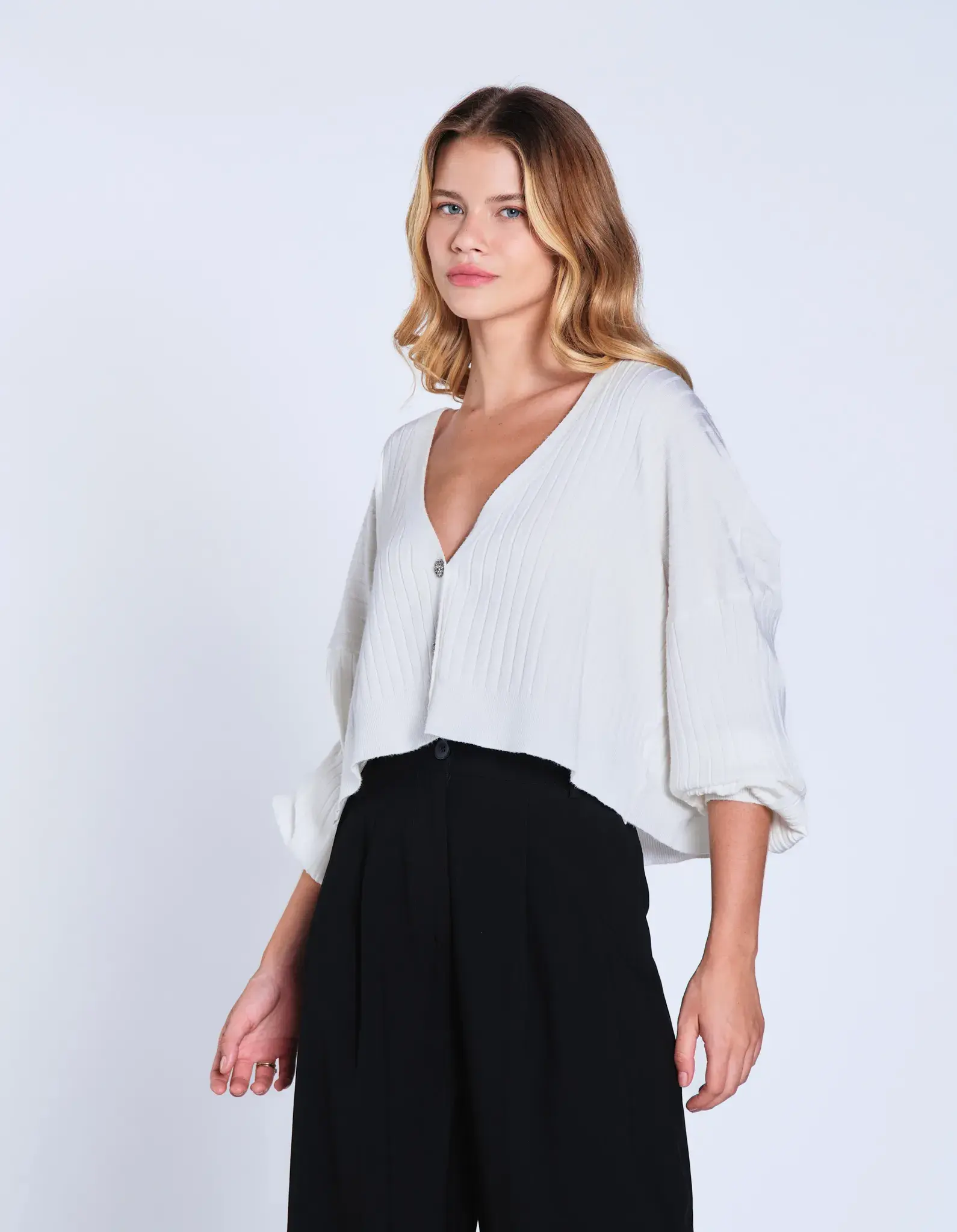 Cardigan Canelado Manga Ampla - Branco