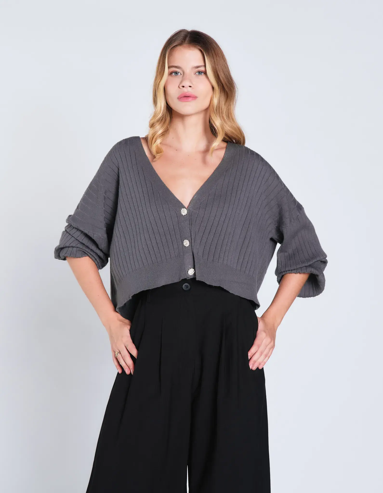 Cardigan Canelado Manga Ampla - Chumbo