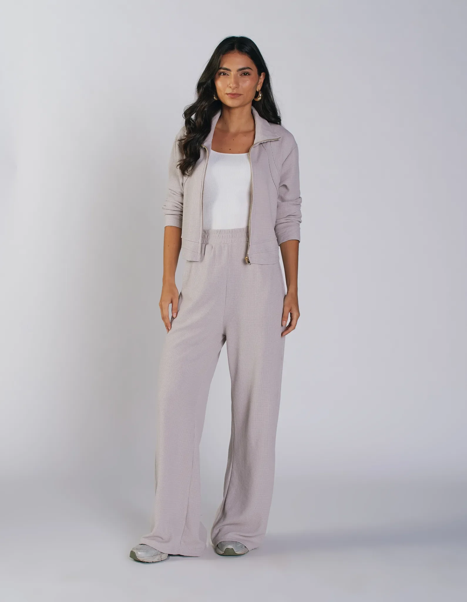 Calça Pantalona Malha Texturada - Cinza — imagem 1