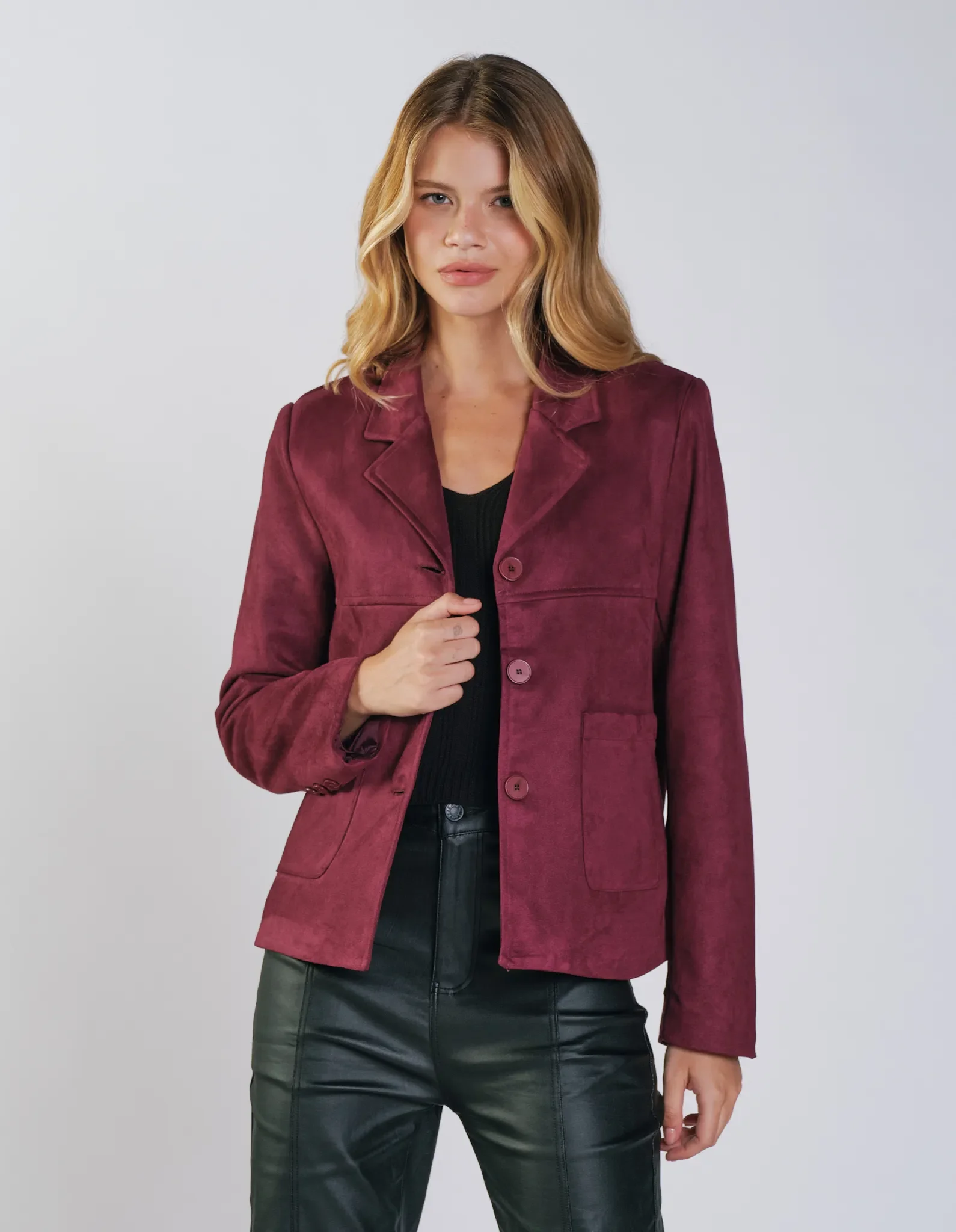 Blazer Suede Recortes Bolsos Frontais - Vinho — imagem 1